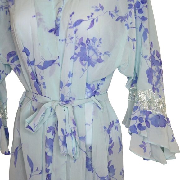 LA Intimates Knee Length Sheer Robe M Blue Lavender Floral Ruffled Lace Sleeve - Picture 7 of 13